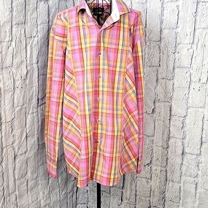 STEVEN LAND Pink and Yellow Button Up Plaid‎ Men's Shirt 16 34/35